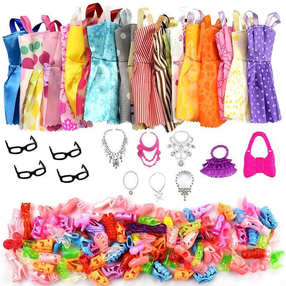 32 Item/Set Doll Accessories =10 Pcs Doll Clothes Dress +4 Glasses +6 Plastic Necklace +2 Handbag +10 Pairs Shoes for Barbie doll Hot Trending Deal 